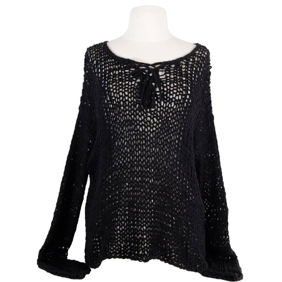 VINCE Women's Small Black Crochet Sweater Knit Knitted by Hand Lace Up Pullover - Picture 3 of 5